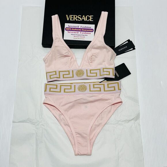 Versace Medusa Greca Border V Bralette and Panties Set Cotton Pink 2/ S NWT - Picture 3 of 11